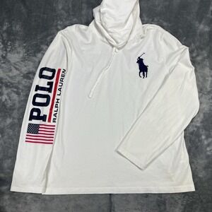 Polo Ralph Lauren Hoodie Shirt Mens Medium Big Pony Patch Long Sleeve USA Flag